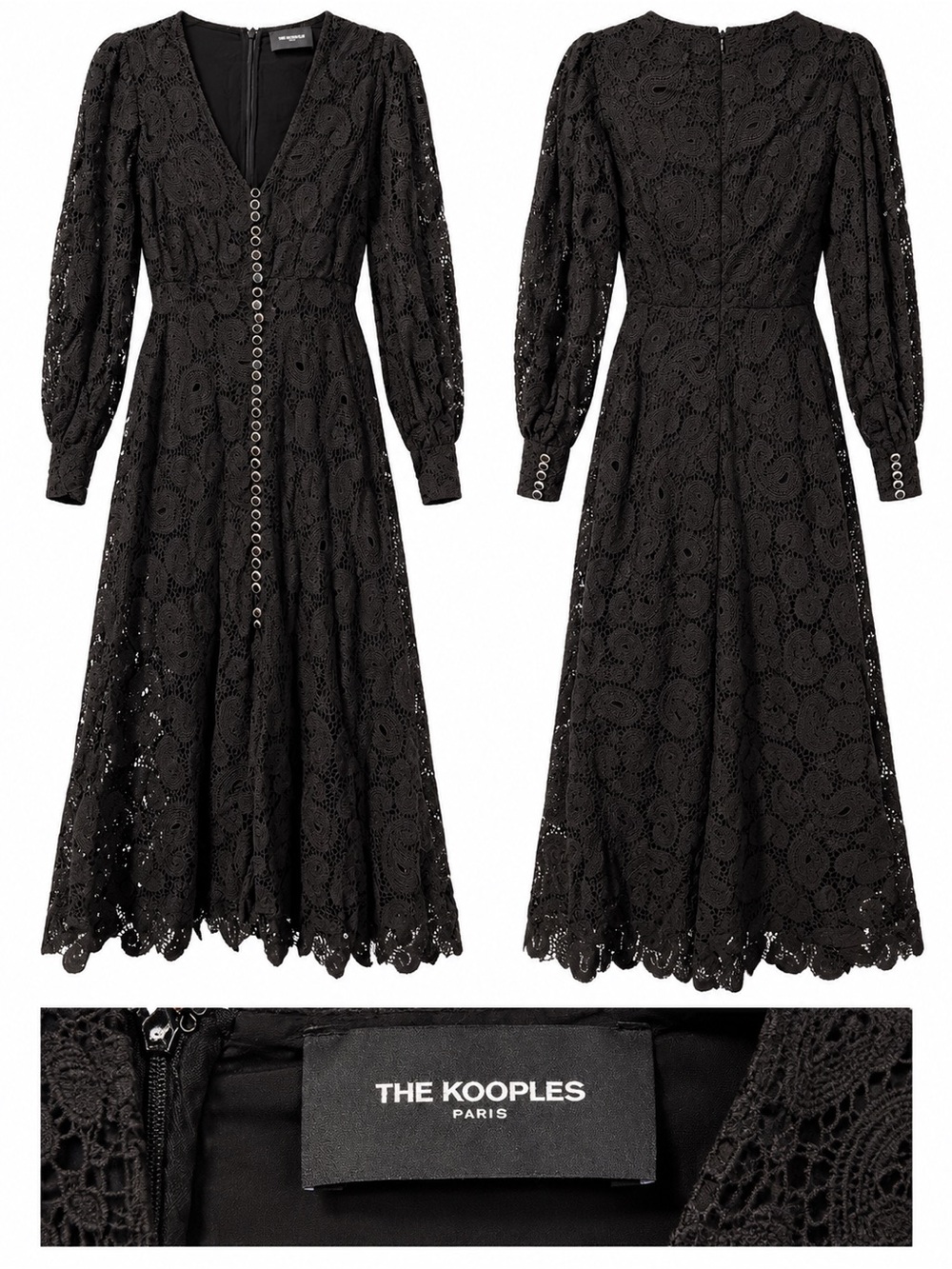 The Kooples Black Lace Midi Dress with Eyelet Button Trim